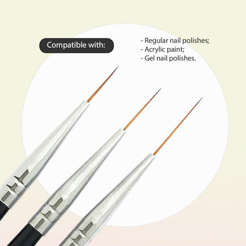 Winstonia Striping Nail Art Brushes for Long Lines, Details, Fine Designs. 3 pcs Striper Brushes with Caps - AMAZING TRIO...