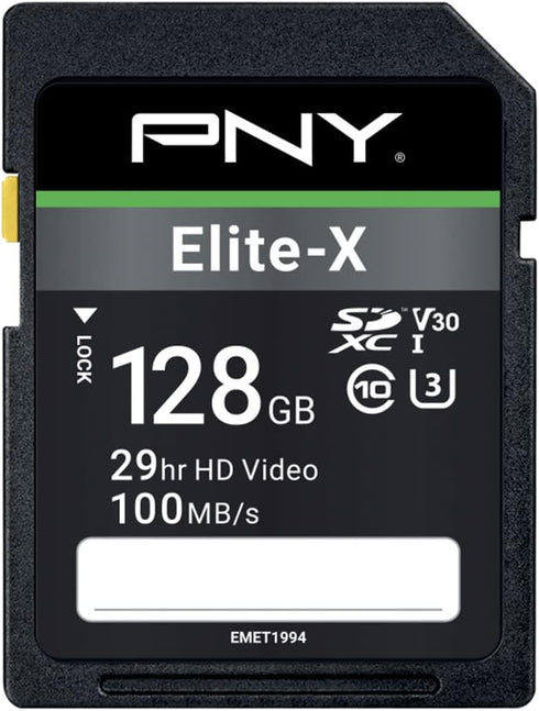 PNY 128GB Elite-X Class 10 U3 V30 SDXC Flash Memory Card - 100MB/s, Class 10, U3, V30, 4K UHD, Full HD, UHS-I, Full Size SD...