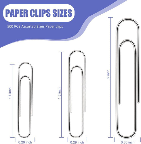 Paper Clips, 500 Pcs Assorted-Size Paperclips, Premium Paper Clip, Silver Paper Clips Large Medium and Small, Rustproof Metal Paper Clips for Offi...