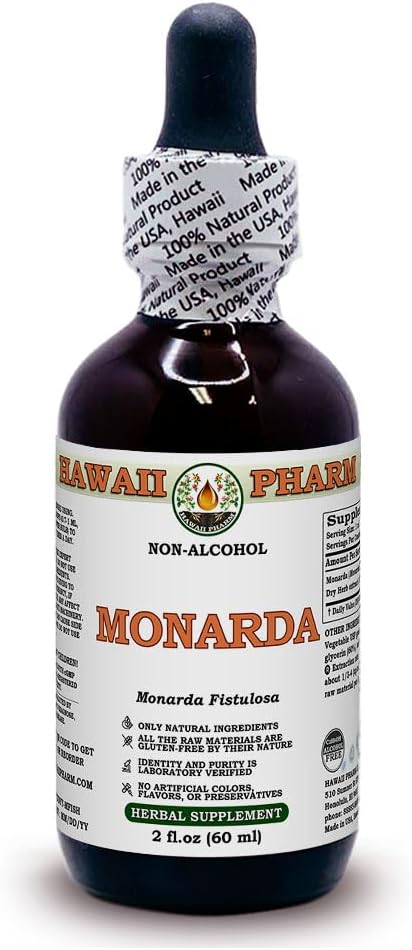 Hawaii Pharm Monarda Alcohol-FREE Liquid Extract, Monarda (Monarda Fistulosa) Dried Herb Glycerite Natural Herbal Supplement, USA 2 oz...