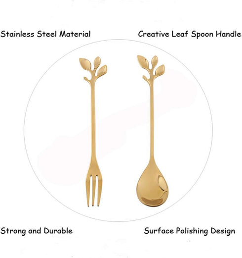 AnSaw 10-Pc Gold Mini Spoons & Forks Set, 4.7" - Stainless Steel, Leaf Handle, Ideal for Coffee,Tea, Appetizers, Tastings, Parties, Charcuterie & ...