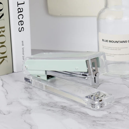Mint Green Stapler Clear Acrylic Body Desk Staplers with Large Capacity Non-Slip No-Jam Desktop Stapling Tools for Office Home Desk Accessories Su...