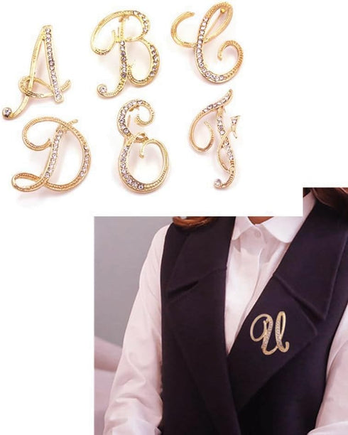 Women A-Z Initial Pins 26 Letters Pins Gold Plated Metal Brooches Clear Crystal Rhinestone Brooch Breastpin Badge...