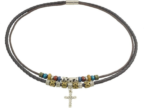 Hemp Leather Beads Choker Necklace,15.5 Inches,Brown,Cross Pendant...