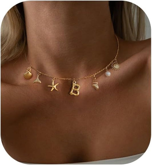 Charm Initial Necklace for Women,Dainty Gold Summer Seashell Letter Necklace Chunky Gold Starfish Necklace Boho Initial Choker Necklaces for Women...