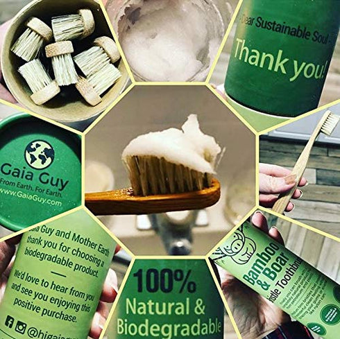Gaia Guy Natural Bristle Bamboo Toothbrush (NO Nylon - Boar Hair ONLY) - Totally Compostable & Biodegradable Boar Bristle and Bamboo Toothbrushes ...