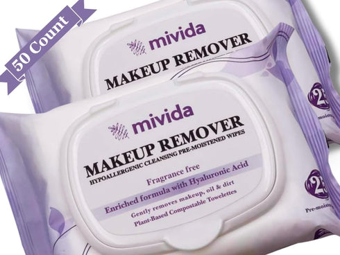 mivida Hypoallergenic Makeup Remover Wipes | 2 Pack of 25 Count | Facial Cleansing Makeup Remover Face Wipes with Hyaluronic Acid | Fragrance Free...