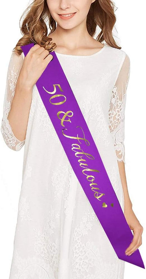 Mayin Purple Glitter Crystal Rhinestone Tiara Crown and Sash for 50th Birthday Party Supplies, Favors, Decorations, Cake Topper...