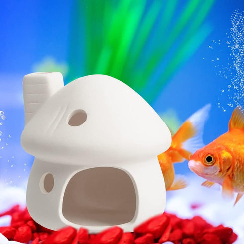 AnRui Fish Tank Decortation Cute Ceramic Mushroom Mini House Aquarium Decor Betta Cave Hideout Ornament Accessories for Small Fish, Shrimp, White...