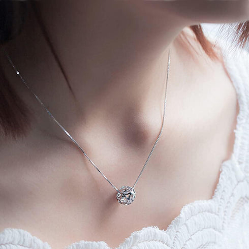 Women 925 Sterling Silver Necklace - Pattern Hollow Ball Pendant Choker- Charm Box Chain 17" - Italian Silver Fine Jewelry Gift...