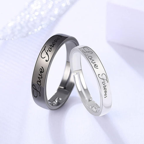 Matching Promise Rings for Couples Love Forever Wedding Bands Sets for Him and Her Black White Sterling Silver Plated Open Adjustable Stackable Ri...