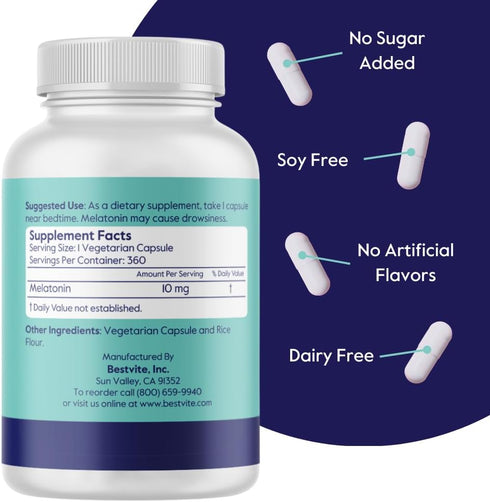 BESTVITE Melatonin 10 mg - 360 Veg Caps - No Stearates - No Sucralose, No Dextrose, No Silicon Dioxide, No Mannitol - Vegan - Non-GMO - Gluten-Fre...