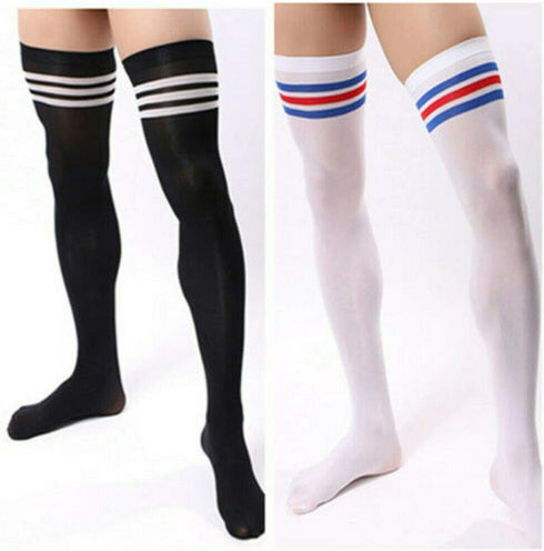 2Pairs/4Pcs Red & Blue Stripes Men Soccer Thigh Stocks High Stockings Velvet Sport Striped Long Socks (Red & Blue)...