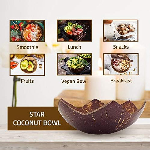 Set of 2 Jumbo Star Coconut Bowls, 2 Wooden Spoons & 2 Reusable Bamboo Straws - 100% Natural, Hand Carved by Artisans, Eco-Friendly & Sustainable ...