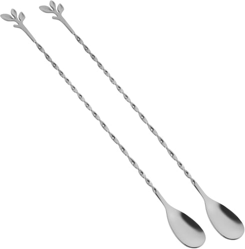 AnSaw Silver 12-Inch Stainless Steel Cocktail Spoon with Leaf Handle - Perfect for Mixing & Layering Drinks in Tall Cups, Bar & Shakers - Durable ...