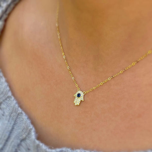 Kyerlyn Hamsa Hand Pendant Necklace 14K Gold Plated Cubic Zirconia CZ Hamsa Hand Necklace Dainty Evil Eye Necklace for Women Handmade Necklace Gif...