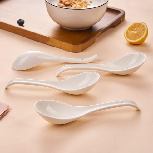 Porcelain Soup Spoons Set of 4, Ceramic Chinese Soup Spoons 6.6 Inch, Asian Soup Spoons, Japanese Ramen Spoons, White...