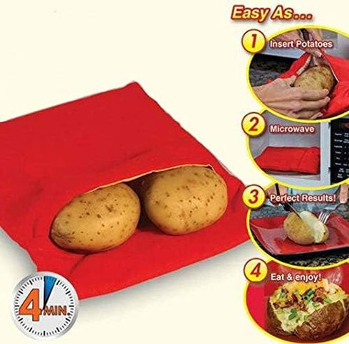 4PCS Reusable Microwave Potato Cooker Bags, Red, Fiber Cloth, Drawstring Closure, Perfect for Baked, Mashed, or Fries in 4 Minutes...