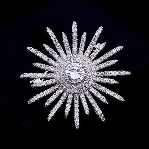 Sparkling Silver Tone Micro Pave Round Shaped Burst Star Brooches Collar Lapel Pins Atomic Jewelry...