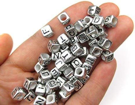 1000pcs Mixed Acrylic Letter/Alphabet “A-Z”Cube Beads for DIY Craft (Silver with Black Letter)...