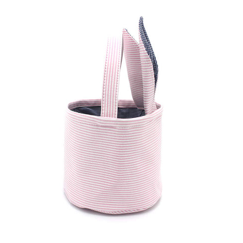 Easter Baskets Seersucker Easter Bunny Bag Bucket for Easter Egg Hunt Bunny Ears Design (Pink)...