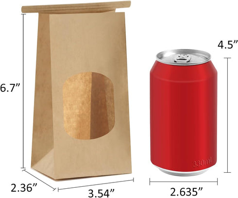 BagDream Small Bakery Bags with Window 50Pcs 3.54x2.36x6.7 Inches Window Tin Tie Tab Lock Kraft Brown Paper Bags for Coffee Bean, Cookies, Treat, ...