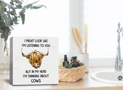 Farmhouse Home Wooden Box Sign, Funny Cow Sign Highland Cow Print Stuff Cow Decor, Table Counter Decor, Dinning Room Cabinets Decoration, Office H...