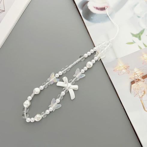 White Mobile Phone Lanyard Universal Phone Chain Black Bow White Pearl Beaded Phone Lanyard Wrist Strap Anti Lost Phone Charm Strap Fashion Phone ...