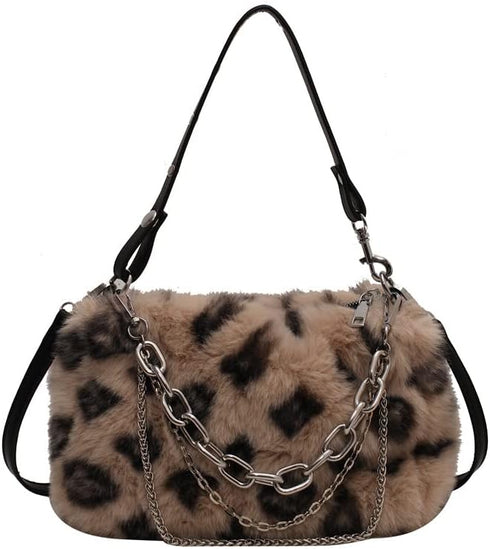 2022 New Leopard Print Plush Shoulder Cross-body Bag Fashion Chain One-shoulder Armpit Tote Y2K Purse Hobo Bag...