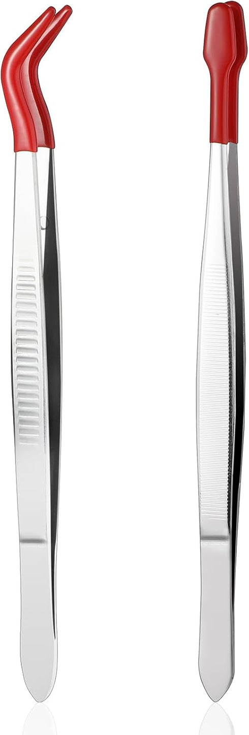 2 Pieces Tweezers with Rubber Tips Stainless Steel Flat Tip and Tip Tweezers, PVC Rubber Coated Tweezers Non Marring Long Tweezers Tools for Lab S...