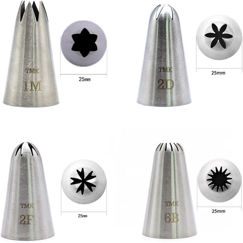 4 Pack Stainless Steel Seamless Piping Icing Tips #1M 2D 2F 6B, Large Piping Nozzle, Cake Decorating Tools for Baker...