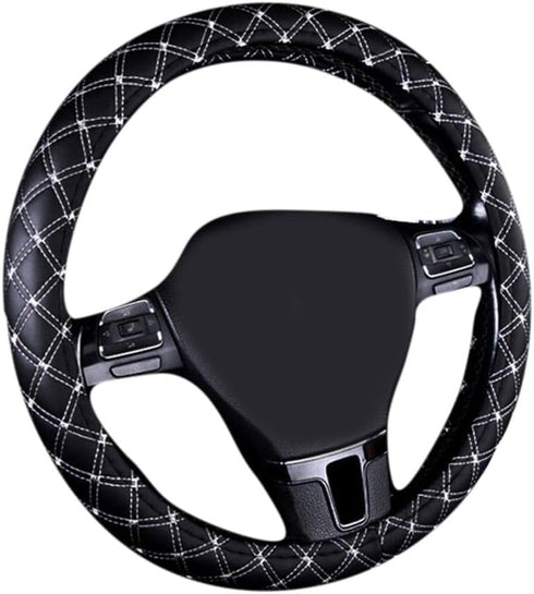 Odorless Quilted Stitching Pattern Leather Car Steering Wheel Cover-Black with White…...