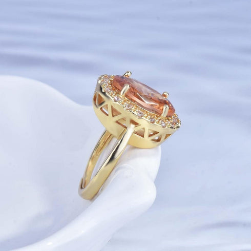 Hsitgexf Huge Oval Shaped CZ Cubic Zircon Wedding Party Statement Champagne Ring Engagement Inspired Cocktails Morganite Yellow Gold Plated Ring f...