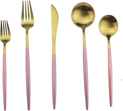 Gugrida Pink Gold Flatware, Royal 5 Piece Matte Pink Handle 18/10 Stainless Steel Tableware Sets for 1 Including Forks Spoons Knives, Camping Silv...