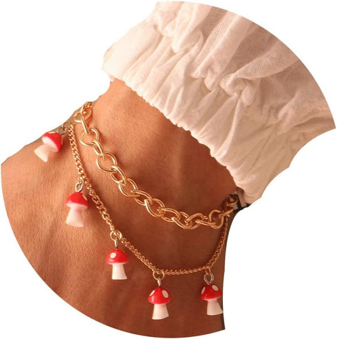 Double Layer Mushroom Bracelet Anklet? Cute Red Mushroom Bracelet Combination Bracelet Anklet Jewelry for Women...