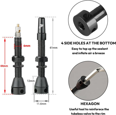 2pcs 44mm Presta Tubeless Valve Stem Aluminum Alloy Tubeless Valves with Presta Valve Core Remover Tool and Valve Stem Caps for Tubeless Tires Roa...