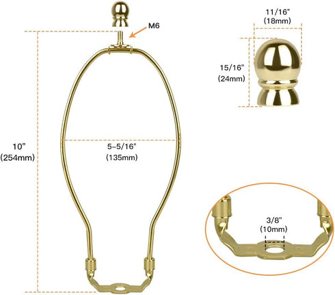 10 Inch Lamp Harp, 2 Set Gold Lamp Shade Harp Holder with Finial, DIY Detachable Replacement Lampshade Adapter Harp Bracket Hardware for Table/Flo...
