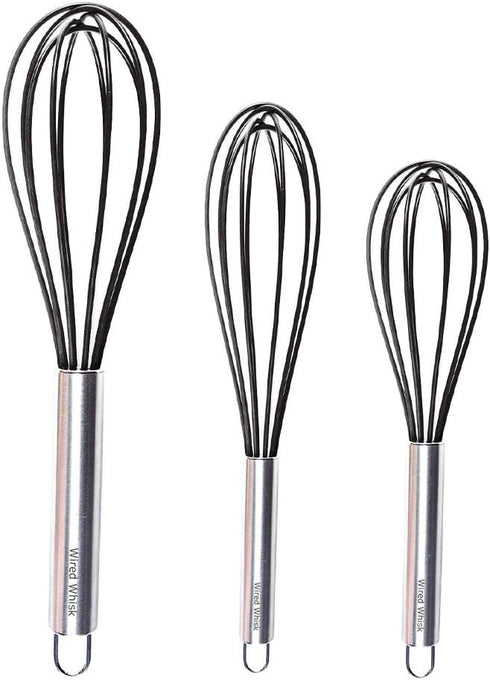 Silicone Whisk Set of 3 - Stainless Steel & Silicone Non-Stick Coating – wisking tool, Whisking, mini whisk, whisks for cooking (12-inch, 10-inch ...