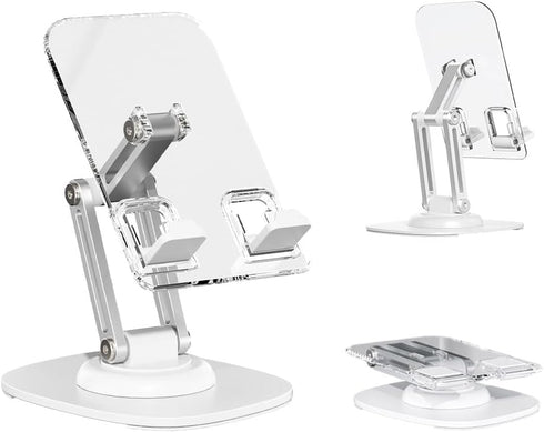 Phone Stand, Acrylic Phone Stand for Desk 360-Degree Rotation Cell Phone Holder with Sturdy Metal Base, Aluminum alloy arm, Compatible Most Phones...