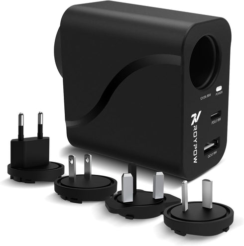 RoyPow AC to DC Converter, 110V/120V to12V Converter, 36W USB C Charger with Car Cigarette Lighter Socket, 3-Ports Wall Charger 18W PD3.0 Travel P...