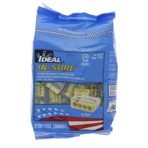 IDEAL Electrical 30-1034P In-Sure Push-In 4 Port Wire Connectors, 12-20 AWG Solid, Yellow (100 Pack)...