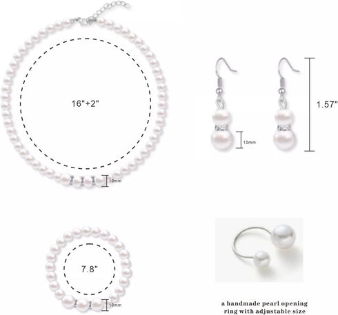Tatibana 4 Pcs Pearl Jewelry Set 1920s Costume Jewelry Pearl Necklaces Pearl Hoop Earring Pearl Bracelet Pearl Ring for Women Wedding Jewelry Sets...