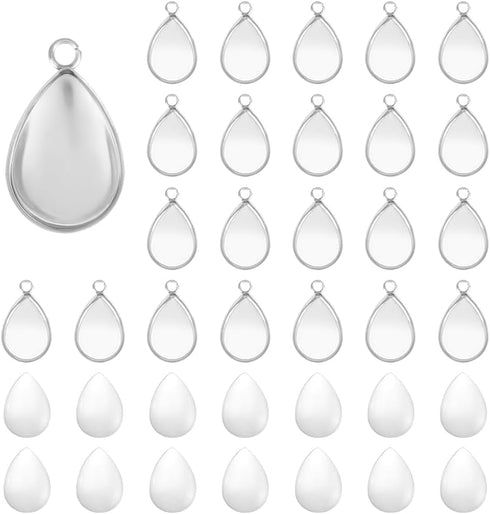 UNICRAFTALE 60 Sets 304 Stainless Steel Blank Bezels Teardrop Pendant Making Kit Oval Border Glass Cabochon Tray Charm Hole 1.6mm for Necklace Bra...