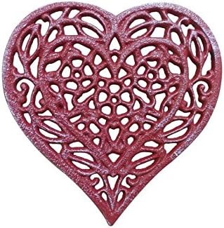 Rustic Red Whitewashed Cast Iron Heart Shaped Trivet 7" - Decorative Trivet -...