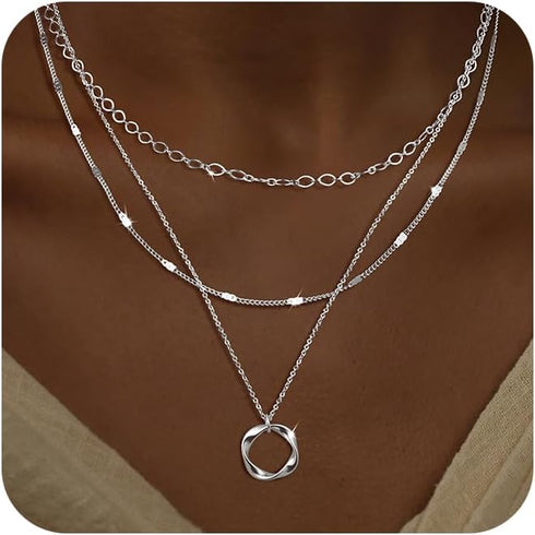 Silver Layered Necklaces for Women, Stackable Dainty Silver Choker Necklaces for Women Trendy Layering Circle Bar Pendant Chain Necklace Fashion J...