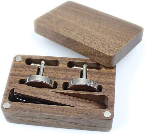 Rustic Walnut Wooden Round Cufflinks Tie Clips Set for Men with Wooden Organizer Box...