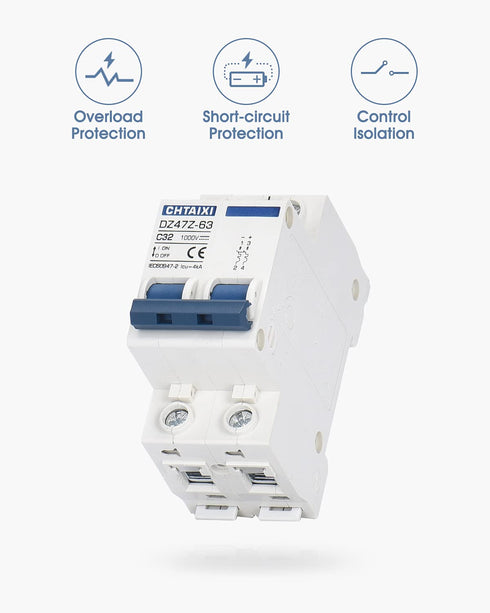 DC Miniature Circuit Breaker, 2 Pole 1000V 32 Amp Isolator for Solar PV System, Thermal Magnetic Trip, DIN Rail Mount, Chtaixi DC Disconnect Switc...