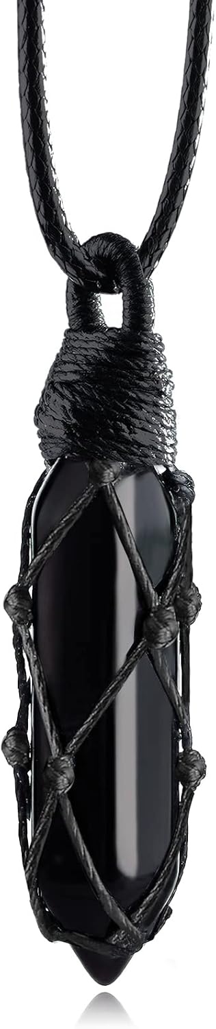 Black Obsidian Healing Crystal Points Necklace Adjustable Rope Hexagonal Wrapped Braided Stone Pendant Necklace Handmade Gemstone Jewelry for Men ...