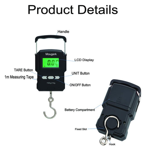 165lb 75kg Digital Fishing Postal Hanging Hook Scale with Measuring Tape, 2 AAA Batteries (Not Included)(Black)...