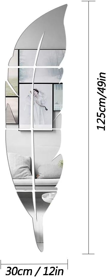 3D Acrylic Mirror Wall Decor Stickers, 11.8x49.2 Inches Feather Shaped DIY Self-Adhesive Wall Art Decals, Home Decorations for Living Room, Bedroo...